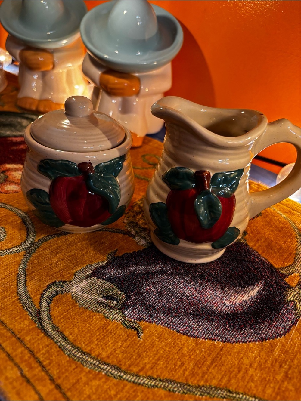 Ceramic Creamer and Sugar Bowl Set with Red Apple Motif